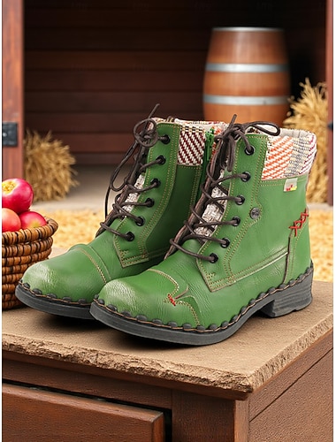  Damen-Retro-Schnürstiefeletten – lässige Vintage-Kampfstiefel mit gewebtem Besatz für Herbstausflüge auf den Bauernhof, Outdoor-Abenteuer und Streetstyle