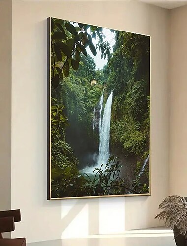  1 stampa artistica su tela senza cornice - scena di cascata nella foresta lussureggiante con casa mediterranea - decorazione murale moderna per soggiorno, camera da letto, sala da pranzo - poster di