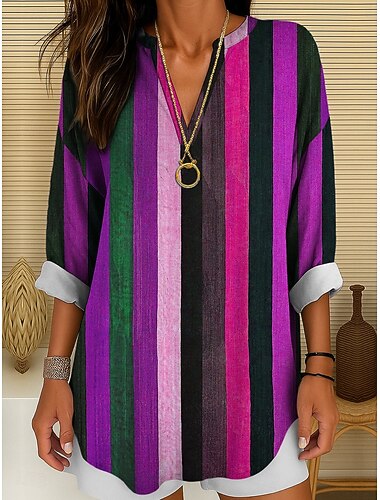  Per donna Camicia Camicia in cotone e lino Blusa Grafico Geometrico A righe Quotidiano Hawaiano Affari Manica Lunga Scollo a V Top Regolari Lavoro Quotidiano Ferie Bottoni Stampato Giallo Rosso Blu