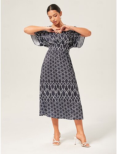  Damen Weiblich Freizeitkleid Langes Kleid Maxikleid Schwarz Kurzarm Geometrisch V Ausschnitt Urlaub XS S M