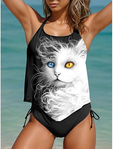  Per donna Costumi da bagno Tankini Due pezzi Birichino Costume da bagno Senza schiena Vacanza Abbigliamento da Spiaggia Grafico Gatto All'americana Senza Maniche Costumi da bagno