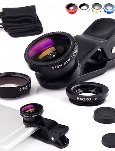  3-i-1 fisheye vidvinkel mikrokameraobjektiv för iPhone Xiaomi Redmi 3-i-1 zoom fisheye-objektiv på smartphone-objektiv med telefonklämma