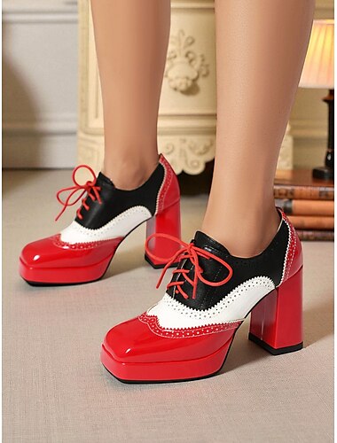  Sapatos plataforma oxford com blocos de cores femininos – sapatos brogue retrô de couro envernizado com cadarço para looks e trajes marcantes