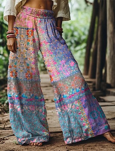  Mulheres Perna larga Calças Calça Palazzo Moda Boho Comprimento total Cintura Alta Flor Cintura elástica Imprimir Respirabilidade Confortável Rua Roupa Diária Para Noite Azul Laranja Verde Primavera