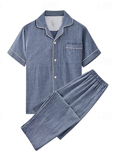  Herren Nachtwäsche Schlafanzug Set Pyjamaoberteil und Hose 1 Set Einfach Mode Stilvoll Klassisch Heim Täglich Bett Baumwolle Komfort Weich Atmungsaktiv Revers Kurzarm Hemd Hose Elastischer Bund Knöpfe