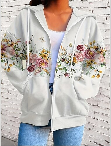  Damen Hoodies mit Reißverschluss Blumen Grafik Mode Lässig Langarm Mit Kapuze Normale Oberteile Straße Alltagskleidung Reißverschluss Tasche Druck Weiß Purpur Fuchsie Frühling Herbst