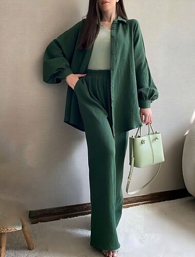  Mujer Activo Ropa de calle Camisa Blusa Conjuntos de pantalones Manga Larga Cuello Camisero Color sólido Frunce Festivos Fin de semana Verde Oscuro Otoño Ajuste regular