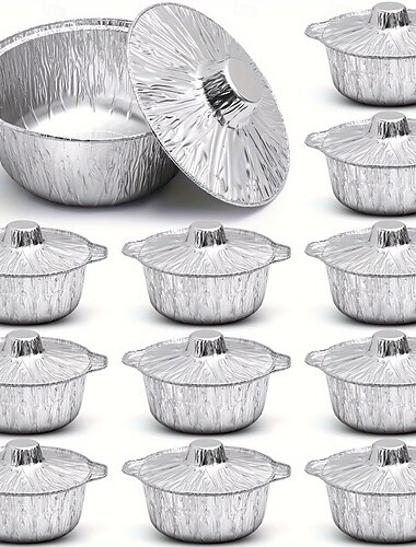  Pentola in alluminio usa e getta portatile da 10/5 pezzi con coperchio, teglie rotonde in alluminio, contenitore per alimenti durevole per viaggi in vacanza, campeggio, cottura al forno, riscaldamento