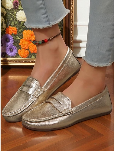  Damen Metallic Gold Penny Loafers Weiche Slip-On Legere Flats mit Strukturiertem Kunstleder für Stylische Outfits und Alltägliche Dates