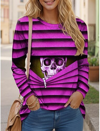  Τ-shirt Γυναικών Halloween Μακρυμάνικο Crew Neck Μακρυμάνικο Τοπ Γραφικό Κεφαλή Κρανίου Vintage Στυλάτο Κλασικό Στρογγυλό Λαιμό Κανονικά Μπλουζάκια Ημέρας Εκτύπωση Μπλε Φούξια Πράσινο Γκρίζο