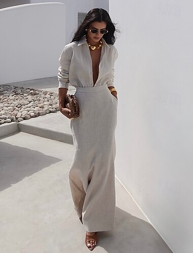  Per donna Elegante Vacanza Vintage Set di gonne Manica Lunga Colletto a Camicia Tinta unica Vacanza Casuale Quotidiano Grigio chiaro Primavera Vestibilità regolare