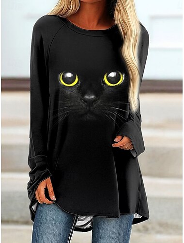  Mulheres Camiseta Gráfico Animal Gato Vintage à moda Clássico Manga Longa Gola Redonda Decote Redondo Tops longos Diário Imprimir Preto Azul Laranja Primavera Outono
