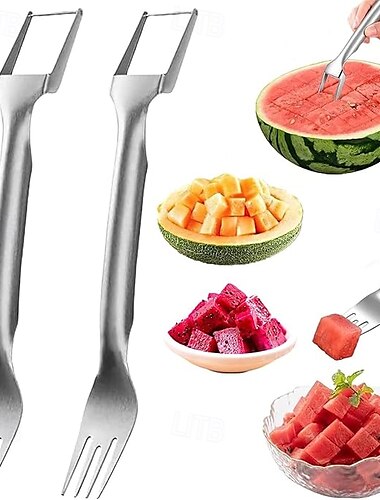  2-delige watermeloensnijder 2-in-1 roestvrijstalen fruitsnijder 2025 watermeloenvork met dubbele kop snijgereedschap zomerfruit huishoudelijke keuken klein gereedschap