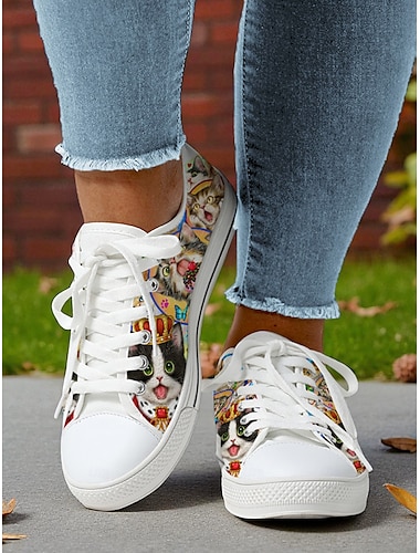  Damesneakers med snørebånd og tegneseriekatteprint – sjove lærredssko til hverdag, gåture og afslappet streetstyle