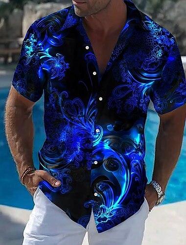  Herren Blumendruck Neonleuchten Blumen Sommer Hawaiihemd Knopfhemd Alohahemd Kurzarm Hawaiianisch Urlaub Strandbekleidung Sommer Frühling Umlegekragen 3D-Druck Hemden mit Kragen Schwarz 1 Schwarz