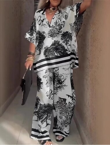  Per donna Moda Streetwear Blusa Set di Pantaloni Bolero Top Manica Corta Scollo a V Floreale Stampato Vacanza Casual Quotidiano Nero Oro Estate Vestibilità regolare