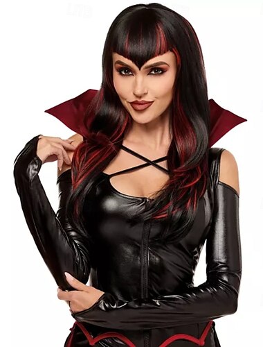  Red and Black Vampiress Wig – Spooky Vampire Hair for Halloween, Cosplay, Vampire Costume Parties, and Role Play Accessories