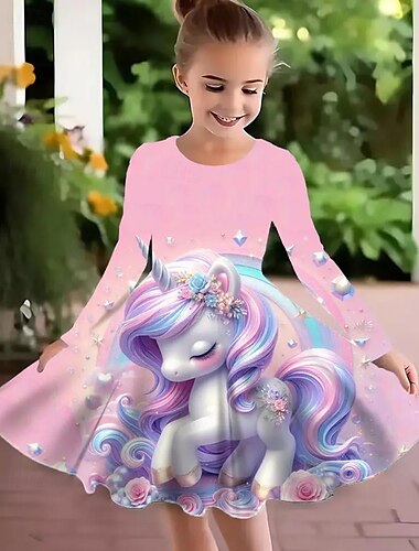  Pigers 3D enhjørning Kjole Langærmet Sommer Forår Ferierejse Daglig Ferie Prinsesse Smuk Sød Børn 4-12 år Hverdagskjole A Linje Kjole Knælang Regulær