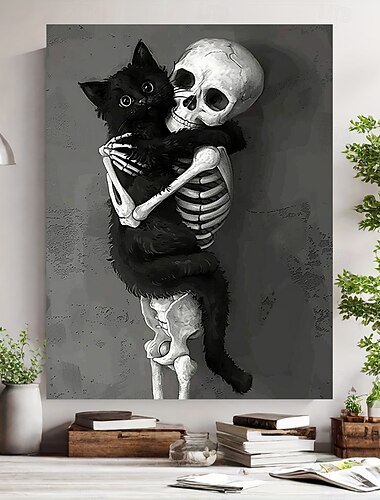  Imprimeu artistic pe pânză cu schelet și pisică neagră îmbrățișată - decor de perete fără ramă 30x40 cm pentru living, dormitor, bucătărie, baie, birou și cafenea, decor pentru pisici, perfect pentru decorul camerei
