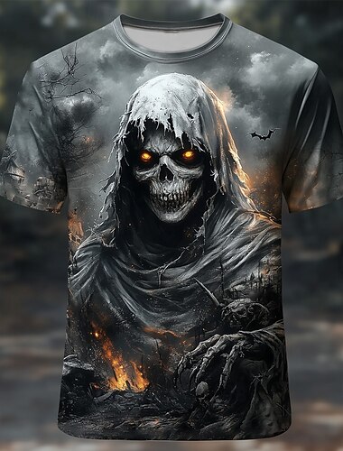  Halloween Homens Caveiras 3D Ceifador Camiseta Manga Curta Camiseta Impressão 3D Gola Redonda Camisa Exagerado Designer Terror Festa Rua Feriado Preto 1 Preto Cinzento Verão Primavera Todas as