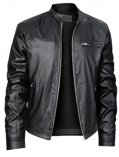  Herren Kunstlederjacke Bikerjacke Motorradjacke Urlaub Täglich Winddicht Warm Tasche Herbst Winter Einfach Mode Klassisch Stehkragen Regulär Schwarz Jacken