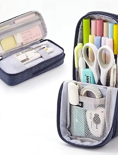  ペンバッグ ペンケース 2層式 折りたたみスタンド 布製 スマホホルダー 収納ポーチ 文房具 オフィス 学校用