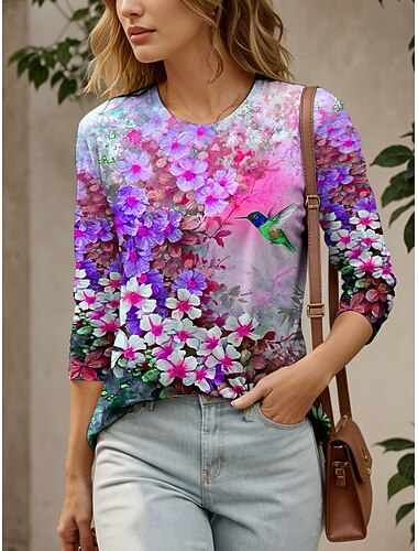  Camiseta de mujer de cuello redondo manga larga túnica gráfica floral pájaro vintage elegante clásica de cuello redondo tops regulares estampado diario fin de semana amarillo rojo azul púrpura verde
