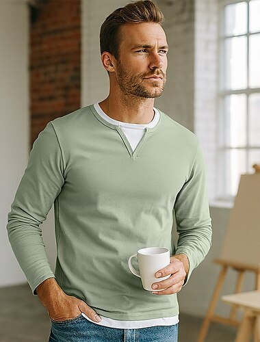  Herren T Shirt Langarm Rundhalsausschnitt Ganzjahres Einfarbig Strickware Täglich Lässig Falscher Zweiteiler Outdoor Urlaub Heim Schwarz Braun Grün Top T-Shirt für Herren