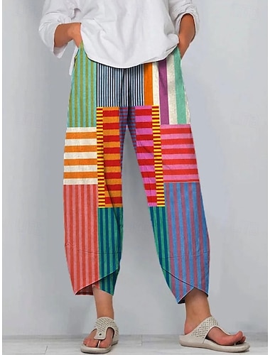  Dames broek Cropped broeken Vakantie Vintage Etnische stijl Enkellengte Hoge taille Grafisch Abstract Meetkundig Lapwerk Elastische tailleband Trekkoord Comfortabel Ademend Zacht Inelastisch Formeel