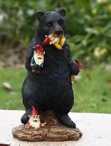  Statua da giardino, orso nero dispettoso che mangia nani, scultura in miniatura in resina per la decorazione del giardino delle fate