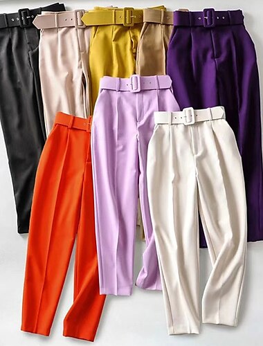  Women's Dress Pants Cropped Pants Fashion Streetwear Ankle-Length High Waist Plain Pocket Breathability Comfortable Business Daily Wear Dark Brown Black White Red Spring Fall Regular Fit