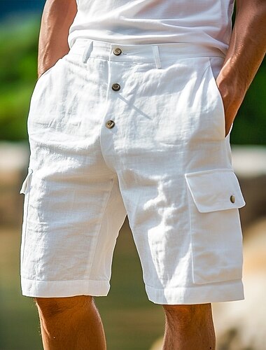  Herren Cargo-Shorts Shorts Leinenshorts Sommershorts Strandshorts Gerader Schnitt Einfach Weich Atmungsaktiv Knielang Lässig Täglich Ferien Urlaub Mode Schwarz Weiß Unelastisch