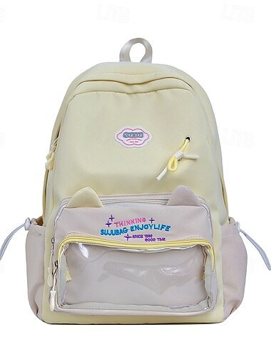  Kawaii Pastel Cat Ear Backpack for Girls – Cute Anime-Inspired School Bag with Clear Front Pocket for Teens and Students