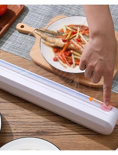  أداة قطع غلاف بلاستيكي بتصميم كوب شفط وموزع لفافات قابل للتعديل مع قاطع مدمج لتخزين المطبخ أداة منزلية مريحة لغلاف البلاستيك ولفائف الرقائق المعدنية