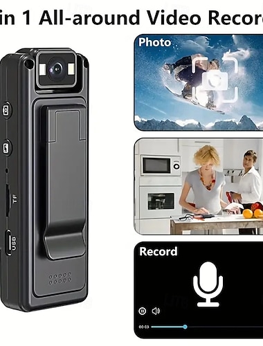  tragbare 1080p Full HD-Actionkamera - tragbarer Videorecorder mit 1200 mAh Lithium-Polymer-Akku, USB-Dual-Ladeclip-Design, Audio- und Videoaufnahme mit einem Klick, Nachtsichtfunktion