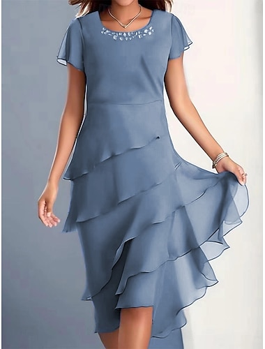  Damen Midikleid Chiffonkleid Abschlusskleid Cocktailkleid Kleid für Hochzeitsgäste Elegant Formell Hochzeitsgast Cocktailparty Normale Passform Kurzarm Rundhalsausschnitt Wein Kamel Grün Leicht Blau