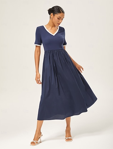  Femminile Vestito Casual Blu scuro Manica Corta Maniche Corte Tinta unica Estate Primavera Autunno Scollo a V Elegante Moderno XS S M