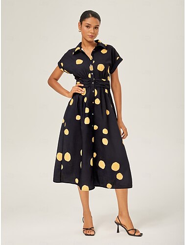  Damen Freizeitkleid Schwarz Kurzarm Tupfen Sommer Hemdkragen Urlaub XS S M