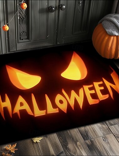  Capacho de cozinha para áreas internas e externas de Halloween com design de rosto de abóbora brilhante, capacho antiderrapante para porta de entrada, varanda, pátio, quarto, banheiro e decoração de casa de Halloween 2025