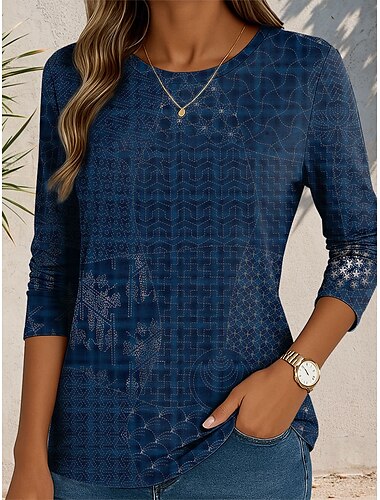  Dames T-shirt Grafisch Geometrisch Vintage Stijlvol Klassiek Lange mouw Strakke ronde hals Ronde hals Normale tops Dagelijks Afdrukken Rood Marineblauw Groen Zomer Lente Herfst
