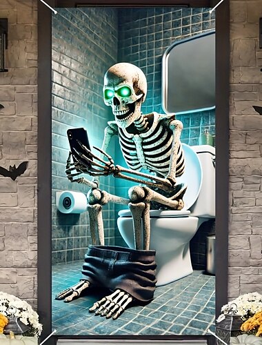  2D banner na dveře 1 ks halloween lebka banner na dveře do koupelny víceúčelový polyesterový párty dekorace strašidelný dům hororový motiv bez potřeby elektřiny s vnitřním prostorem &venkovní použití