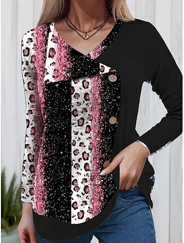  Women's Blouse Geometric Stylish Casual Long Sleeve V Neck Regular Tops Daily Pocket Buttons Print Black White Pink Spring Fall
