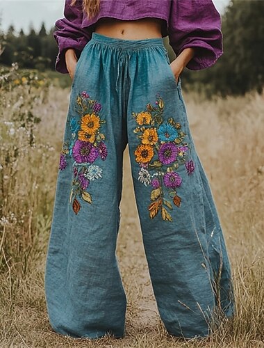  Dam Brett skaft Byxor Palazzo byxor Vintage Boho Fullängd Hög midja Blomma Elastisk midja Tryck Mateial som andas Bekväm Gata Dagliga kläder Utekväll Blå Vår Höst Normal