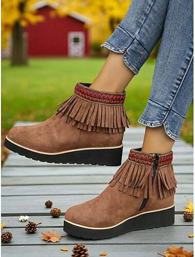  stivaletti con zeppa e frange in finta pelle scamosciata marrone da donna – scarpe casual in stile western per passeggiate in giardino, festival autunnali e giornate in fattoria