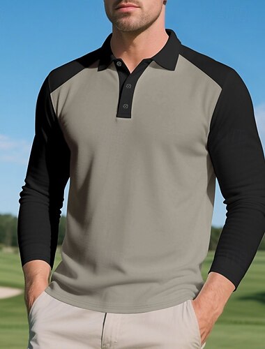  Herr Golftröja Golf pikétröjor Arbete Ledigt Kavajslag Långärmad Grundläggande Modern Färgblock Lappverk Knappar Vår Höst Normal Fördjupad grön Svart Kaki Armégrön Golftröja