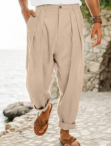  Herren Leinenhosen Hose Sommerhose Plissiert Gerader Schnitt Einfach Komfort Atmungsaktiv Volle Länge Outdoor Lässig Täglich Urlaub Mode Lässiger Schnitt Schwarz Weiß Hohe Taille Mikroelastisch