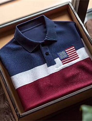  Homme Chemise de golf Polos de Golf Travail Occasionnel Revers Manche Courte Basique Moderne Bloc de Couleur Drapeau national Patchwork Boutons Été Printemps Coupe régulière bleu marine Chemise de