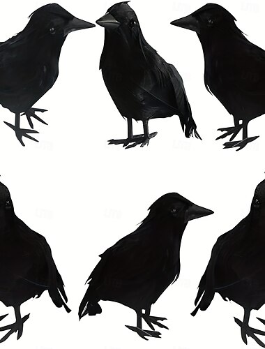  6 Stück schwarze Halloween-Krähen, gefiederte Krähen, Halloween-Dekorationen, Krähen, realistisch aussehende Raben, große handgemachte schwarze Krähe für Halloween-Dekoration