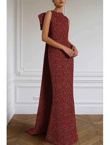  Vestido de festa sereia/trompete em jersey com cristais, elegante, formal, para casamento, longo, sem mangas, gola redonda, com laço(s) removível(is) 2025