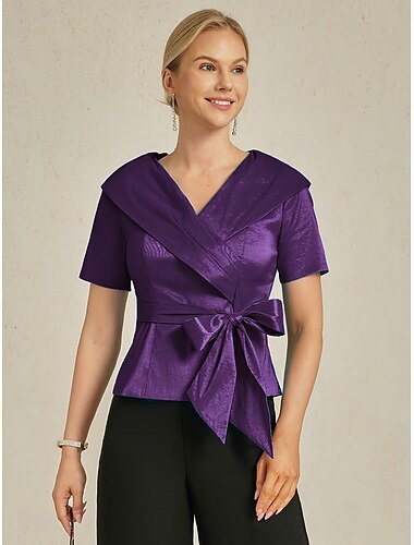  Damen Mit Gürtel Einfarbig Stilvoll Umlegekragen Aubergine Sommer Frühling Herbst